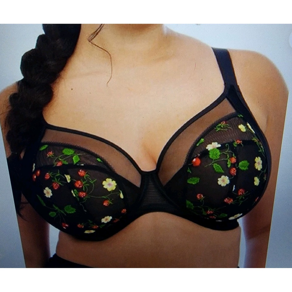 Elomi Samira Underwire Plunge Bra Black EL300902BLK Womens 32N Embroidered